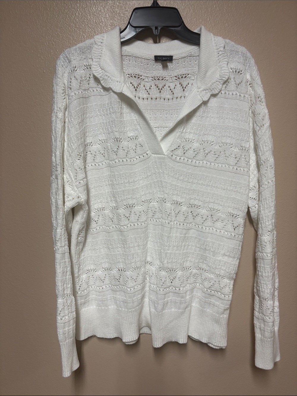 Talbots Cream Open-Knit V-Neck Sweater with Collar